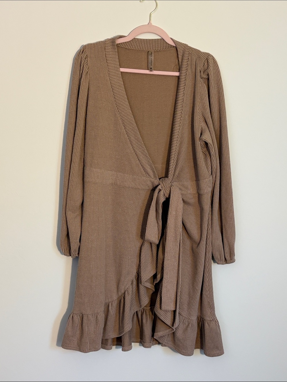 Simply Southern Taupe Ribbed Tie-Front Ruffle Dress